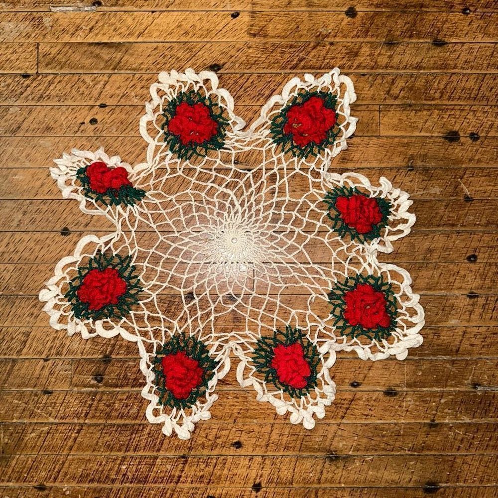 Handmade Irish crochet red roses 22 inch grandma doily